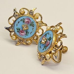 Gold and Blue Enamel Floral Screwback Earrings